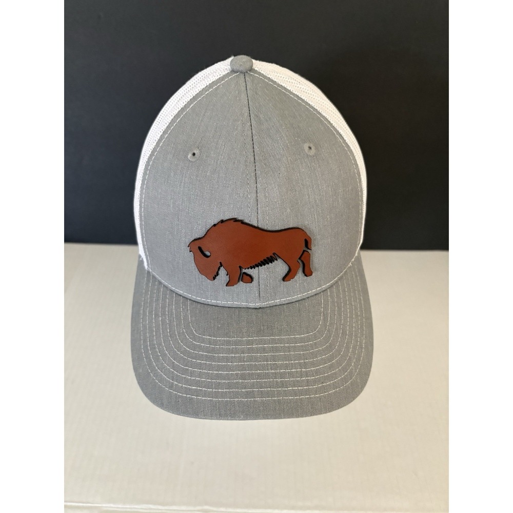 Richardson 112 Trucker Hat Gray White Snapback Leather Buffalo Patch Adjustable